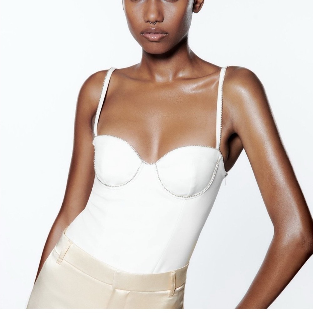 NWT ZARA DIAMANTÉ RHINESTONE trimmed bustier white cami bodysuit size XS